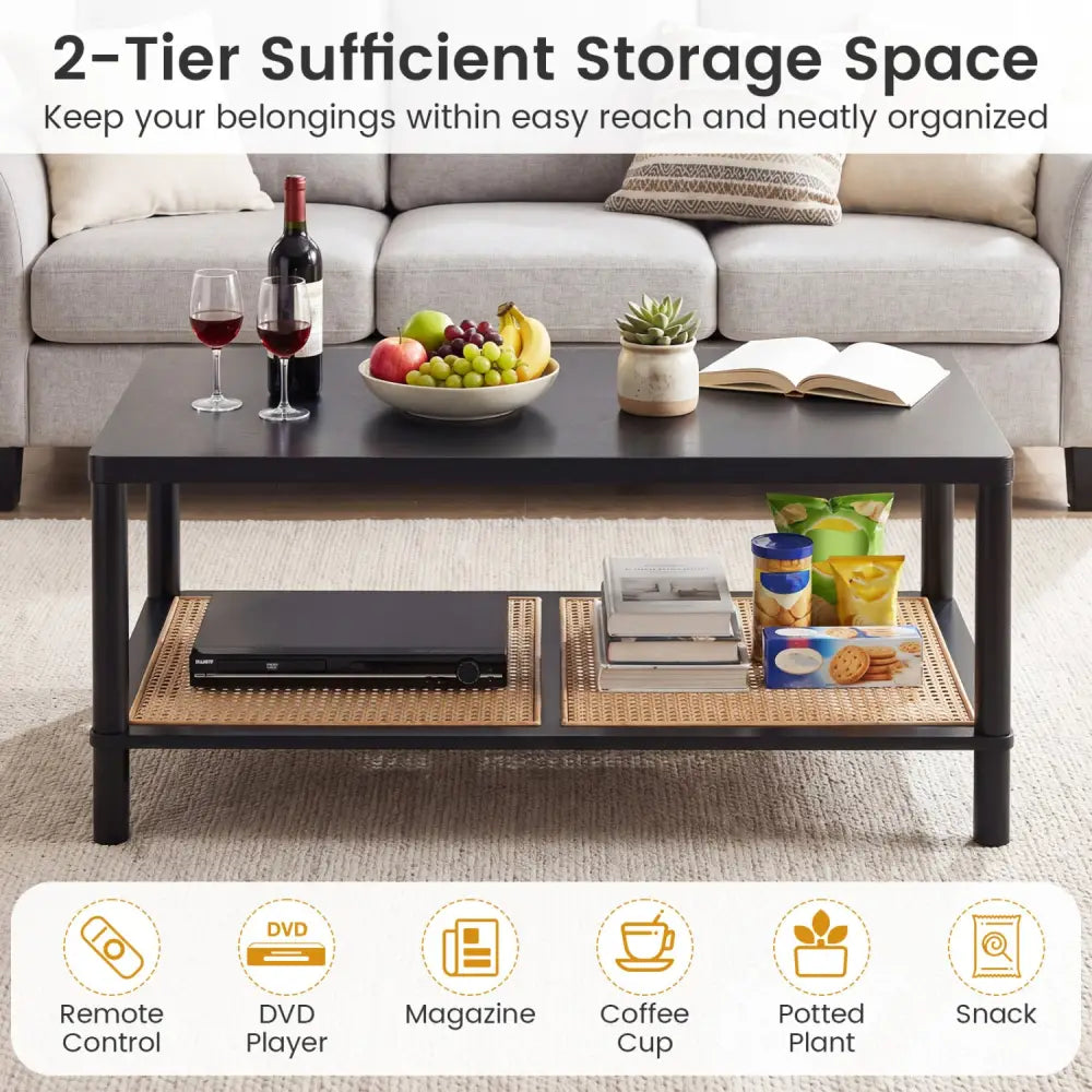 2-Tier Boho Coffee Table for Living Room Rectangular Center Table with Rubber Wood Frame and PVC Rattan Storage