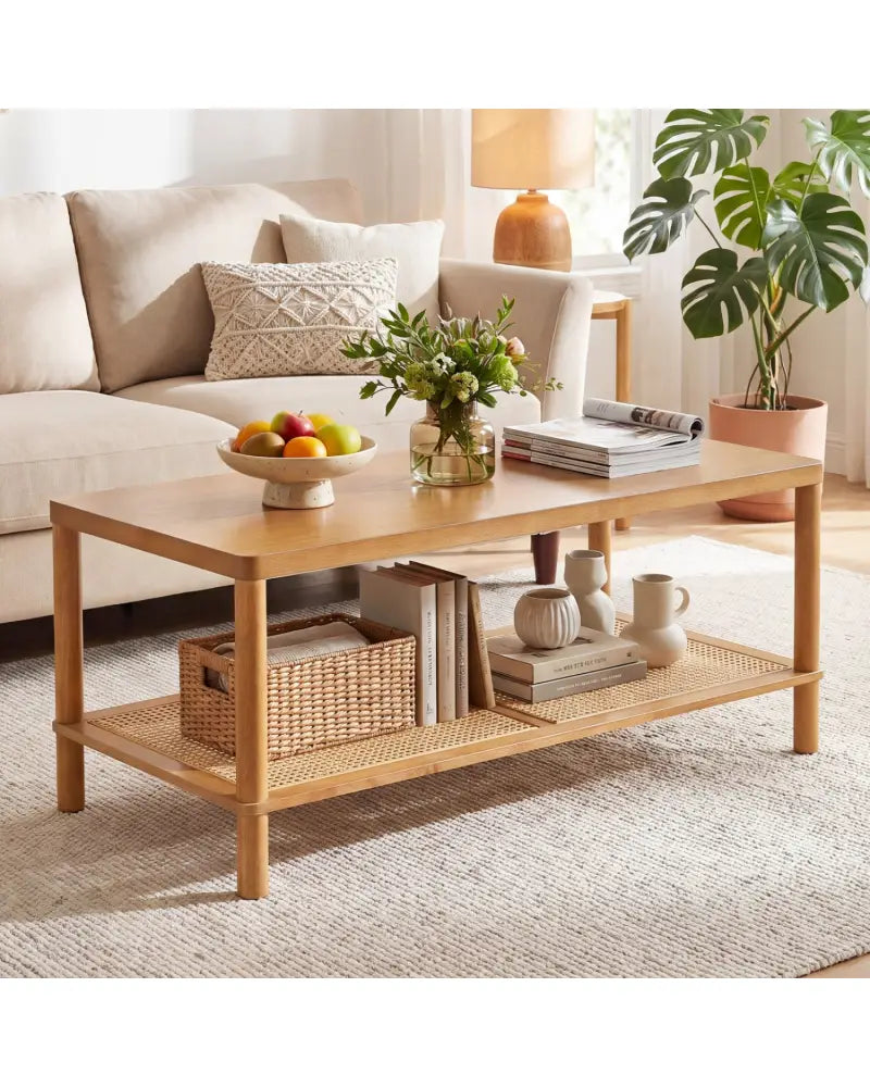 2-Tier Boho Coffee Table for Living Room Rectangular Center Table with Rubber Wood Frame and PVC Rattan Storage