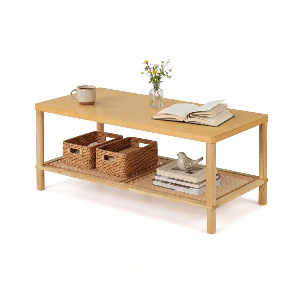 2-Tier Boho Coffee Table for Living Room Rectangular Center Table with Rubber Wood Frame and PVC Rattan Storage