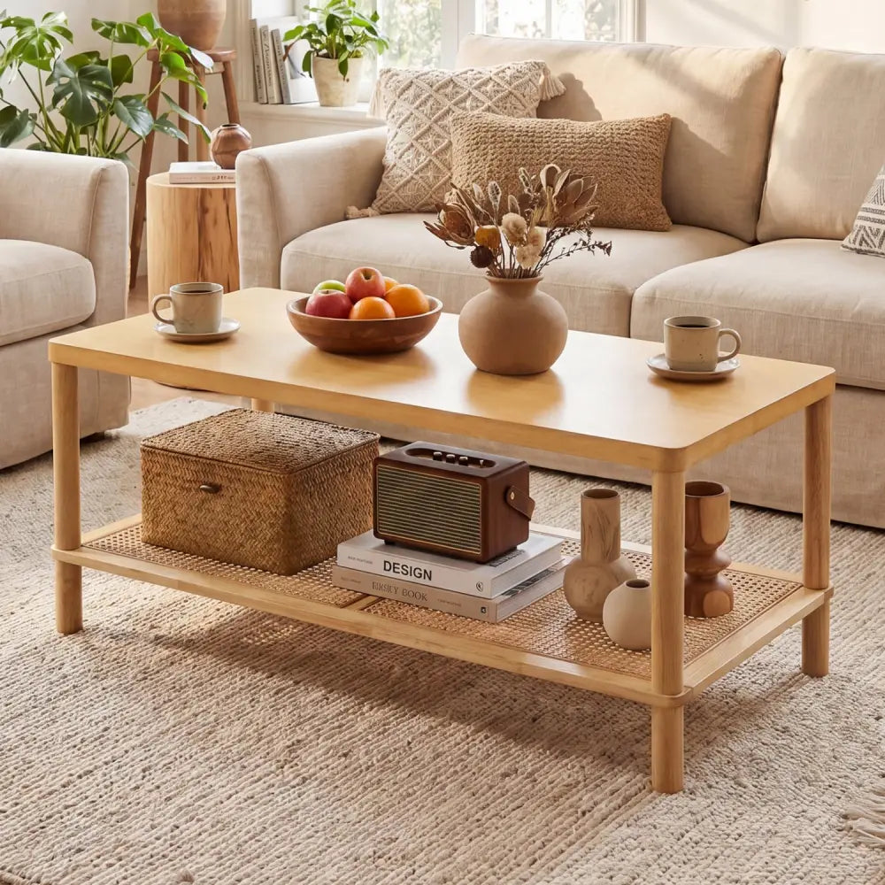 2-Tier Boho Coffee Table for Living Room Rectangular Center Table with Rubber Wood Frame and PVC Rattan Storage
