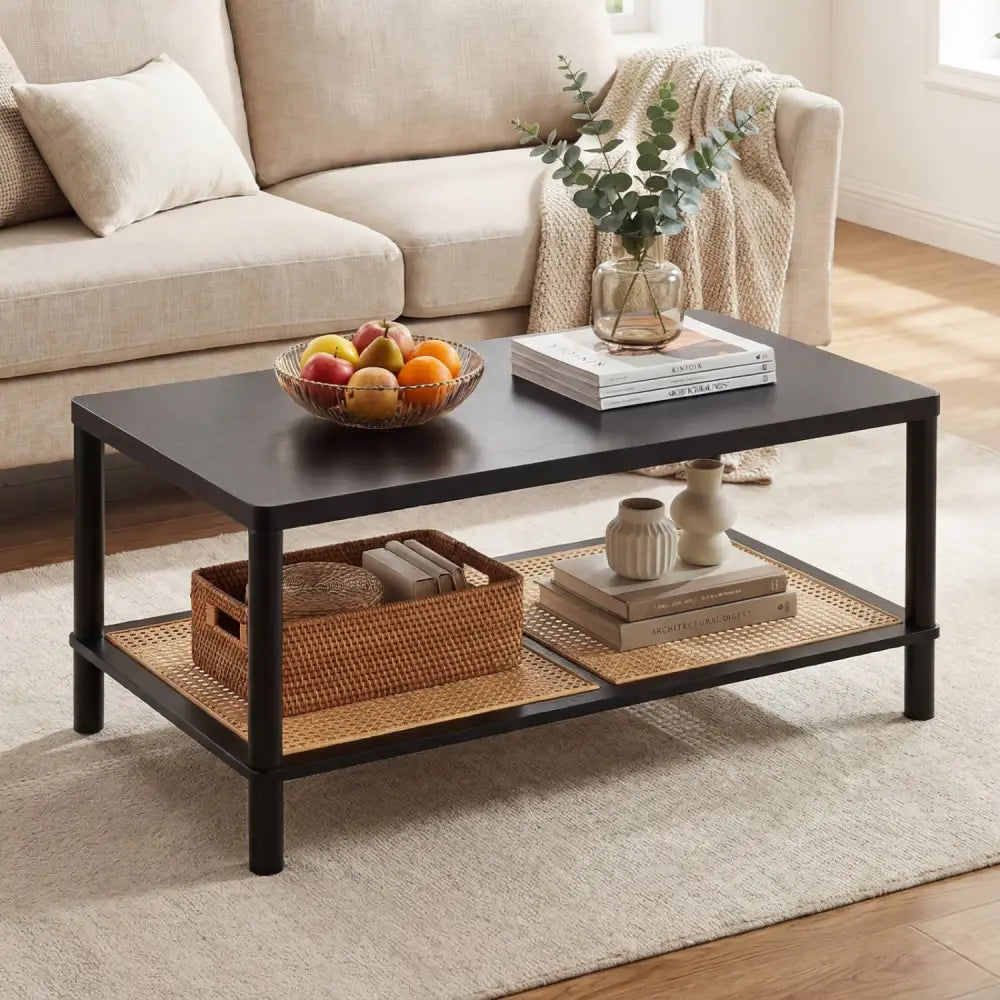 2-Tier Boho Coffee Table for Living Room Rectangular Center Table with Rubber Wood Frame and PVC Rattan Storage