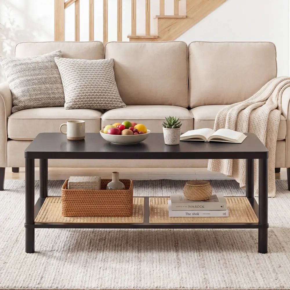 2-Tier Boho Coffee Table for Living Room Rectangular Center Table with Rubber Wood Frame and PVC Rattan Storage