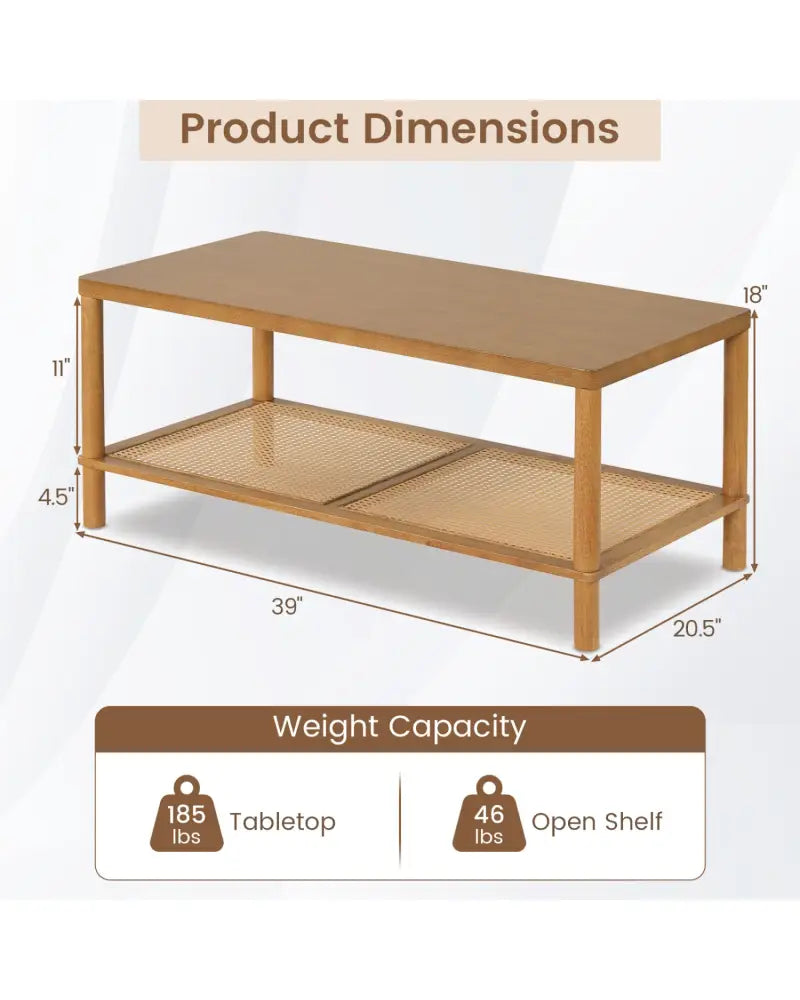 2-Tier Boho Coffee Table for Living Room Rectangular Center Table with Rubber Wood Frame and PVC Rattan Storage