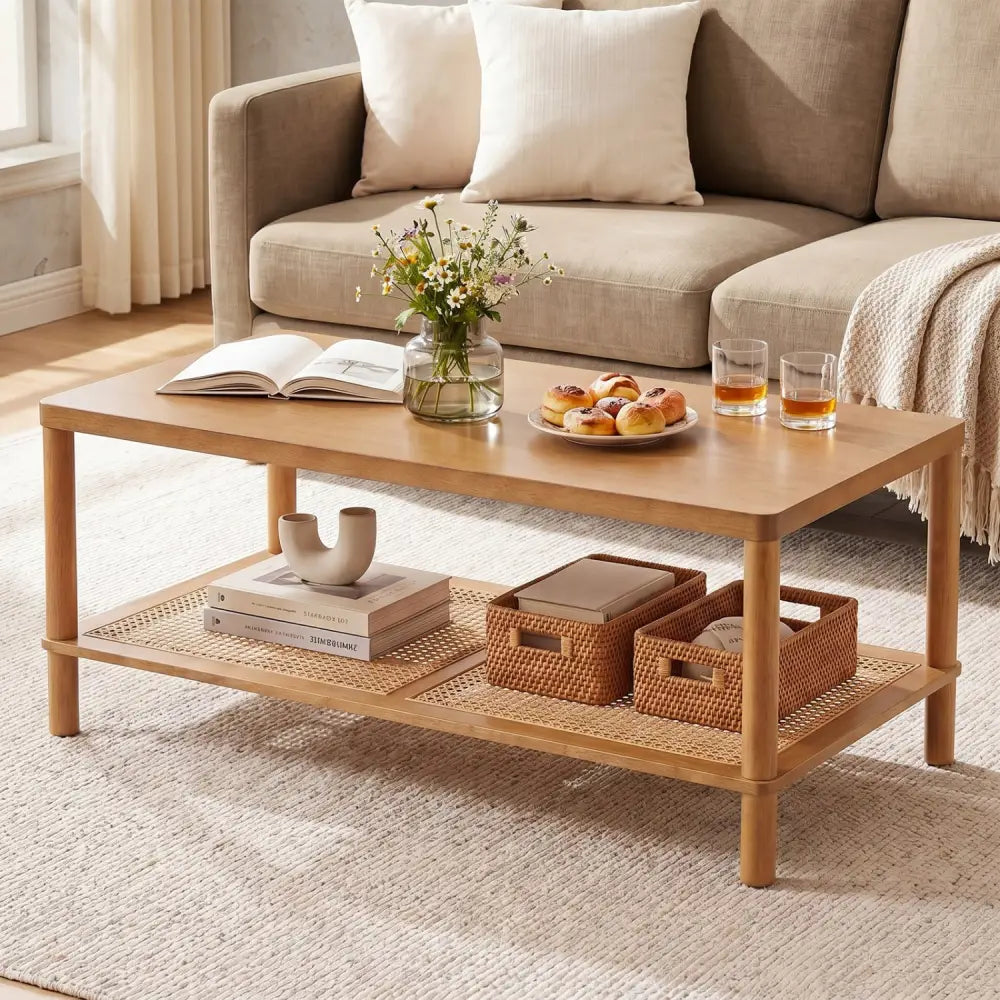 2-Tier Boho Coffee Table for Living Room Rectangular Center Table with Rubber Wood Frame and PVC Rattan Storage