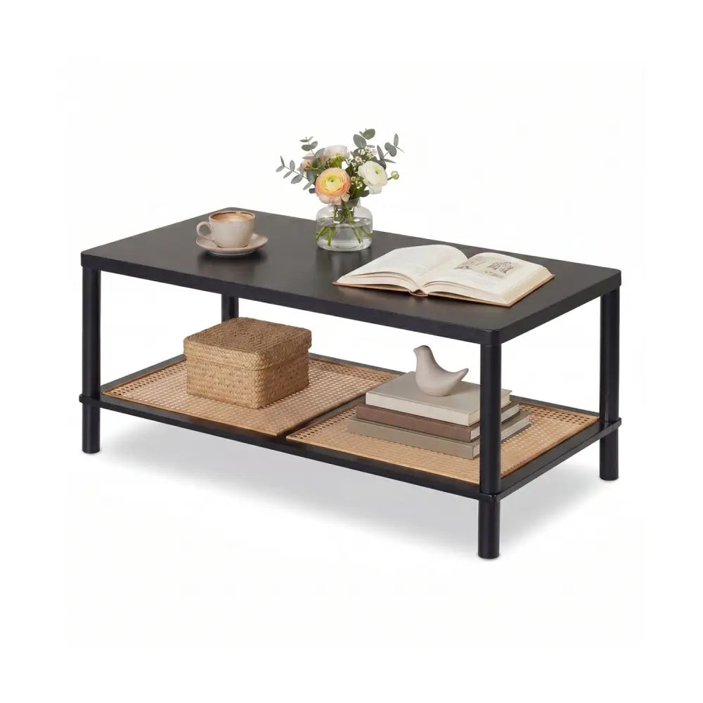 2-Tier Boho Coffee Table for Living Room Rectangular Center Table with Rubber Wood Frame and PVC Rattan Storage