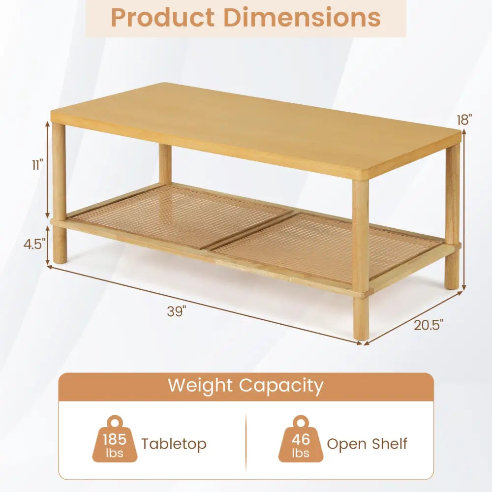 2-Tier Boho Coffee Table for Living Room Rectangular Center Table with Rubber Wood Frame and PVC Rattan Storage