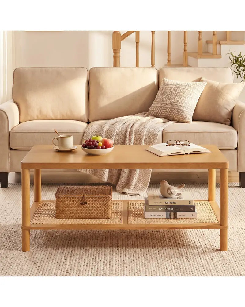 2-Tier Boho Coffee Table for Living Room Rectangular Center Table with Rubber Wood Frame and PVC Rattan Storage