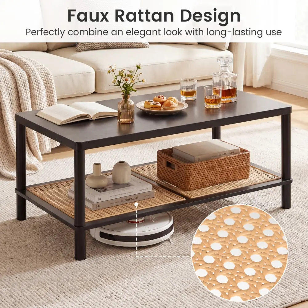 2-Tier Boho Coffee Table for Living Room Rectangular Center Table with Rubber Wood Frame and PVC Rattan Storage