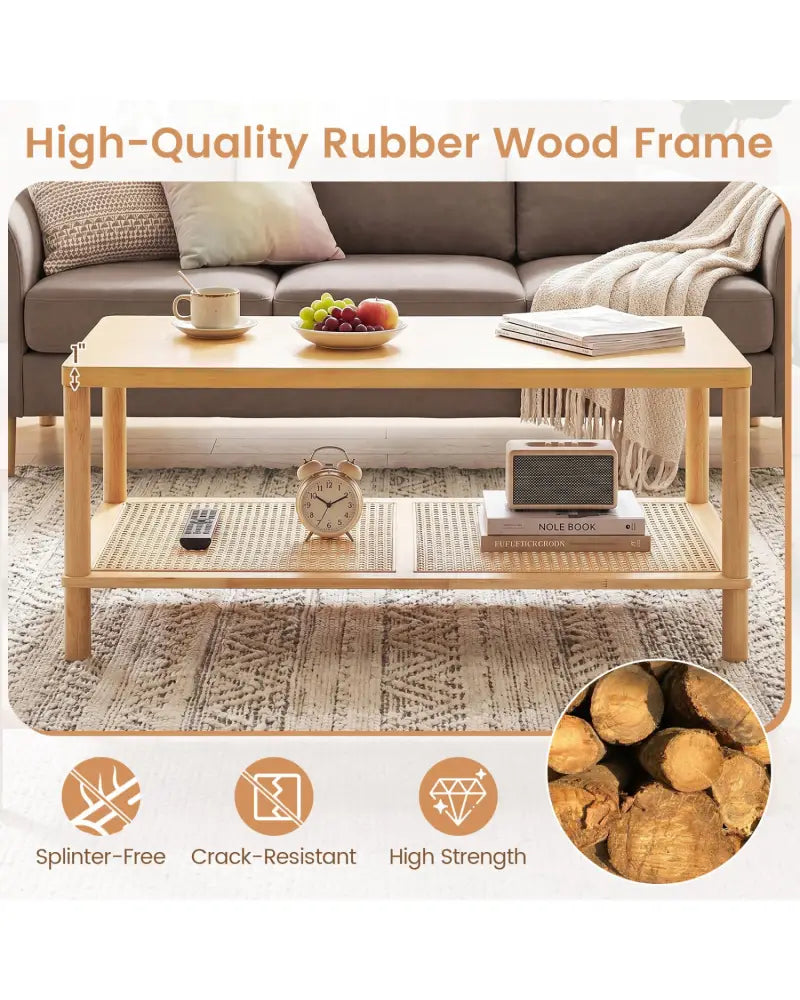 2-Tier Boho Coffee Table for Living Room Rectangular Center Table with Rubber Wood Frame and PVC Rattan Storage