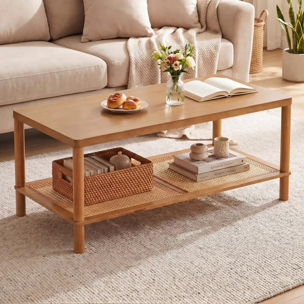 2-Tier Boho Coffee Table for Living Room Rectangular Center Table with Rubber Wood Frame and PVC Rattan Storage
