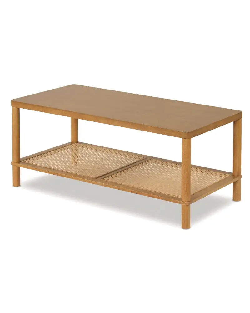 2-Tier Boho Coffee Table for Living Room Rectangular Center Table with Rubber Wood Frame and PVC Rattan Storage