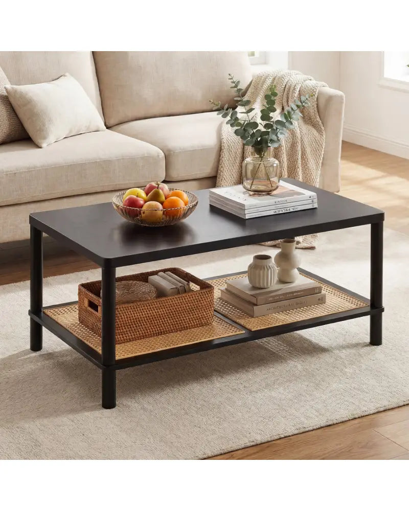 2-Tier Boho Coffee Table for Living Room Rectangular Center Table with Rubber Wood Frame and PVC Rattan Storage