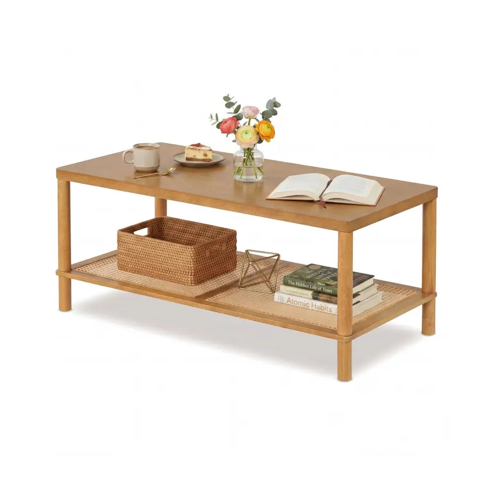 2-Tier Boho Coffee Table for Living Room Rectangular Center Table with Rubber Wood Frame and PVC Rattan Storage