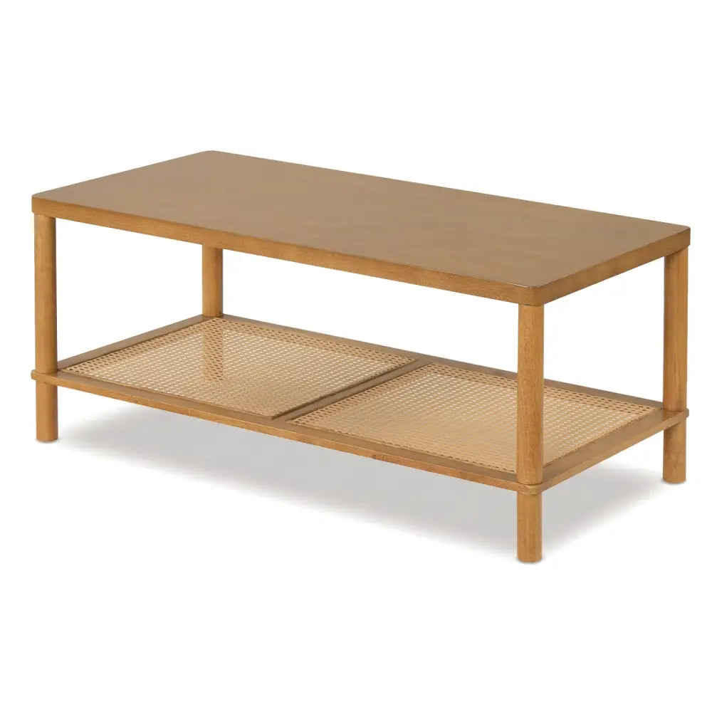 2-Tier Boho Coffee Table for Living Room Rectangular Center Table with Rubber Wood Frame and PVC Rattan Storage