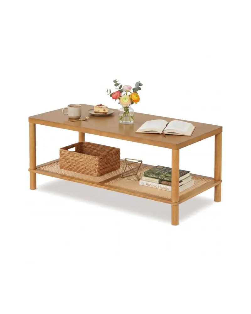 2-Tier Boho Coffee Table for Living Room Rectangular Center Table with Rubber Wood Frame and PVC Rattan Storage