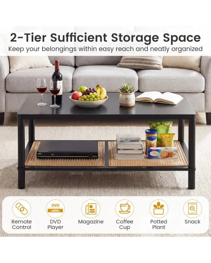 2-Tier Boho Coffee Table for Living Room Rectangular Center Table with Rubber Wood Frame and PVC Rattan Storage