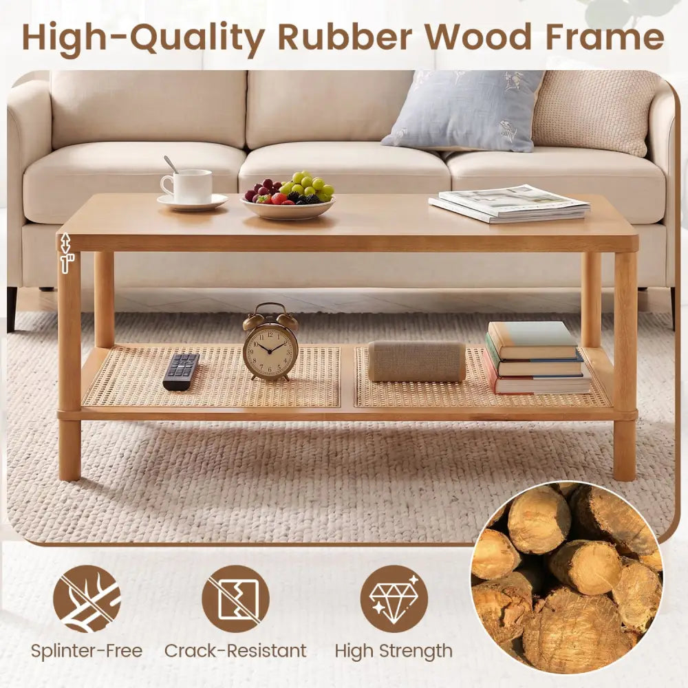 2-Tier Boho Coffee Table for Living Room Rectangular Center Table with Rubber Wood Frame and PVC Rattan Storage