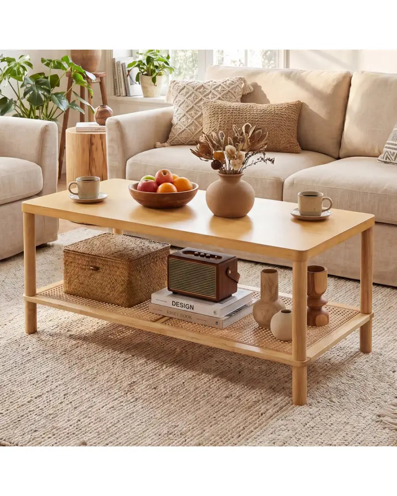 2-Tier Boho Coffee Table for Living Room Rectangular Center Table with Rubber Wood Frame and PVC Rattan Storage