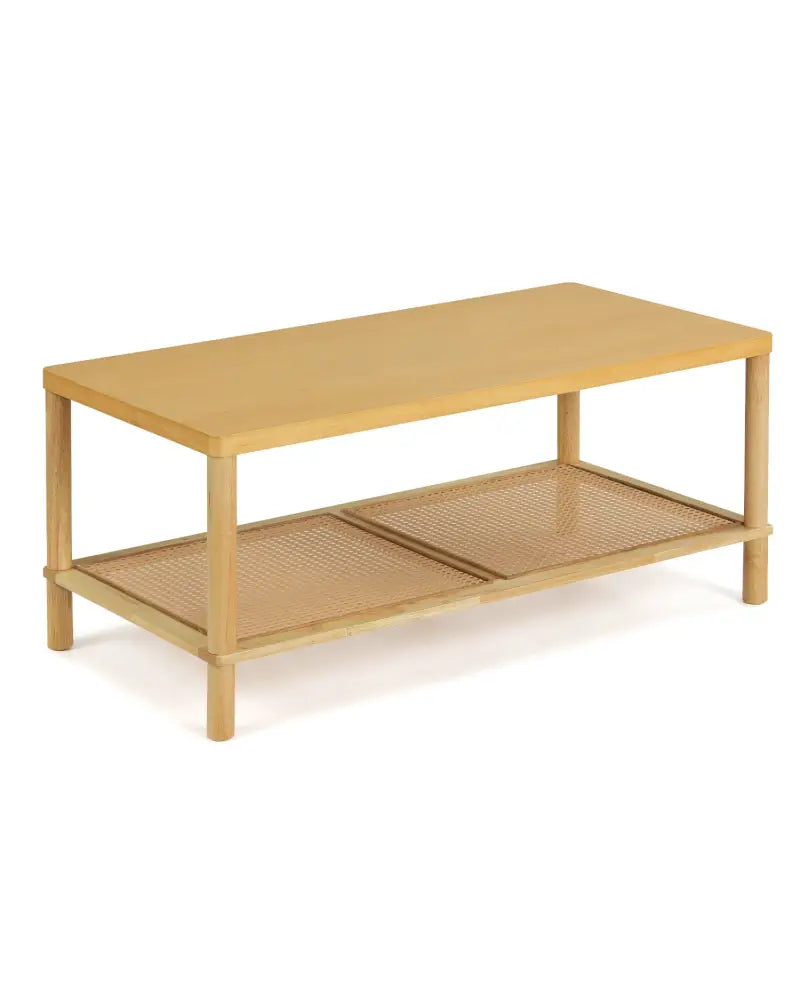 2-Tier Boho Coffee Table for Living Room Rectangular Center Table with Rubber Wood Frame and PVC Rattan Storage