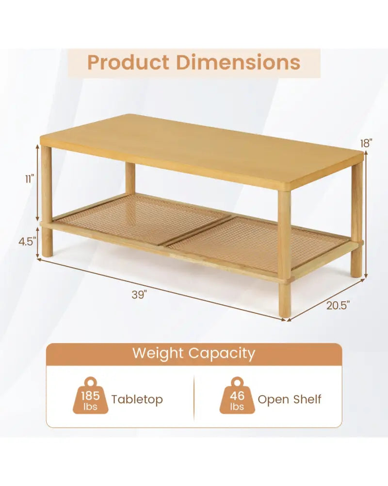2-Tier Boho Coffee Table for Living Room Rectangular Center Table with Rubber Wood Frame and PVC Rattan Storage