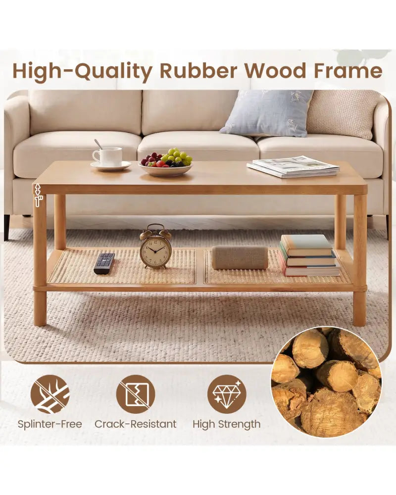 2-Tier Boho Coffee Table for Living Room Rectangular Center Table with Rubber Wood Frame and PVC Rattan Storage
