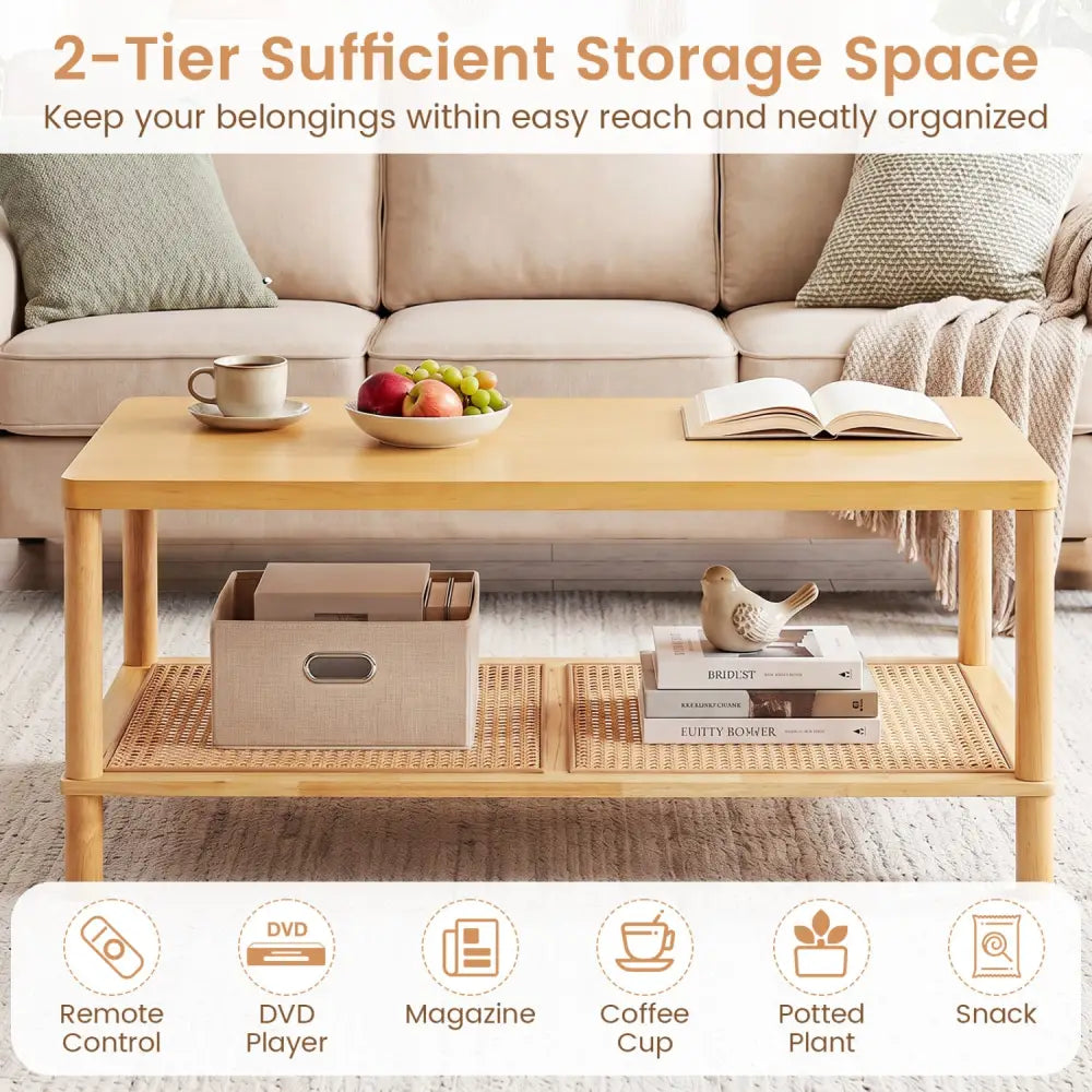 2-Tier Boho Coffee Table for Living Room Rectangular Center Table with Rubber Wood Frame and PVC Rattan Storage