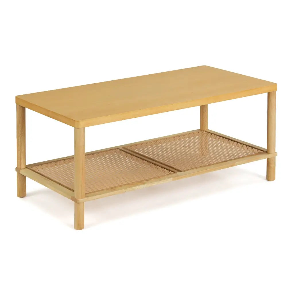 2-Tier Boho Coffee Table for Living Room Rectangular Center Table with Rubber Wood Frame and PVC Rattan Storage