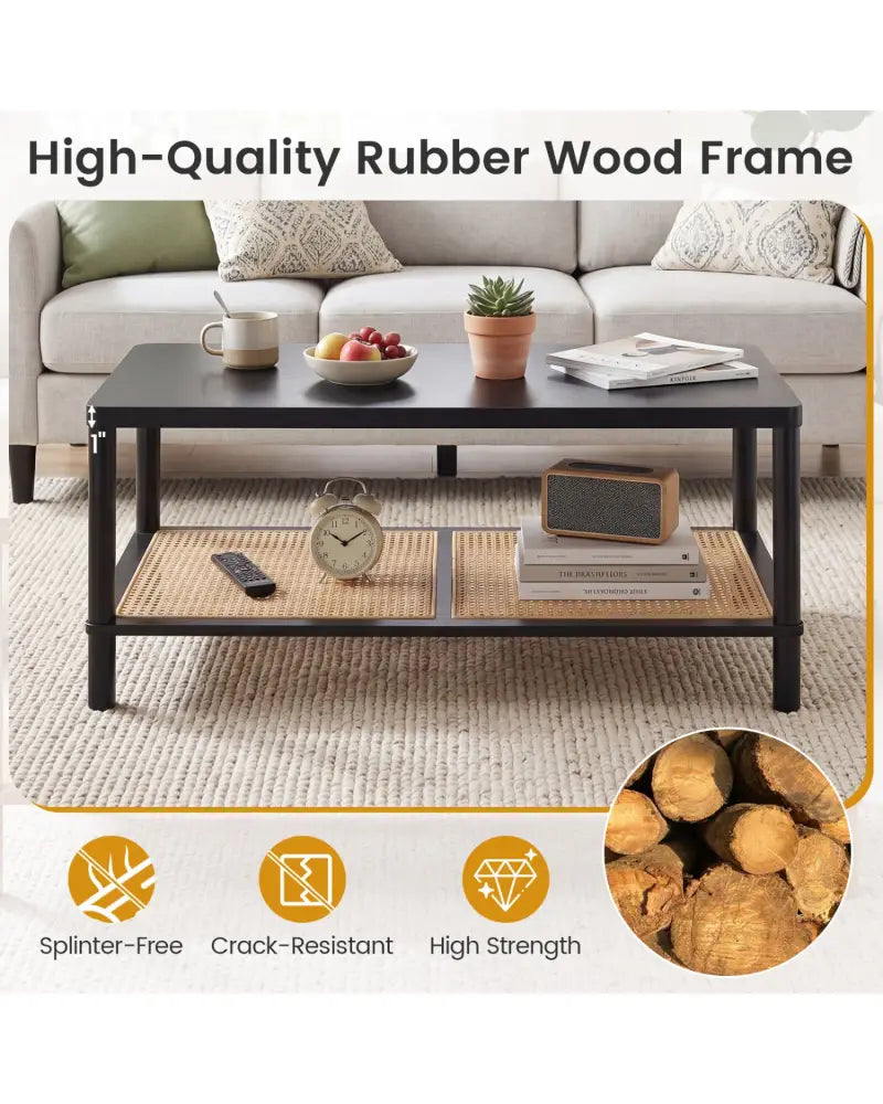 2-Tier Boho Coffee Table for Living Room Rectangular Center Table with Rubber Wood Frame and PVC Rattan Storage