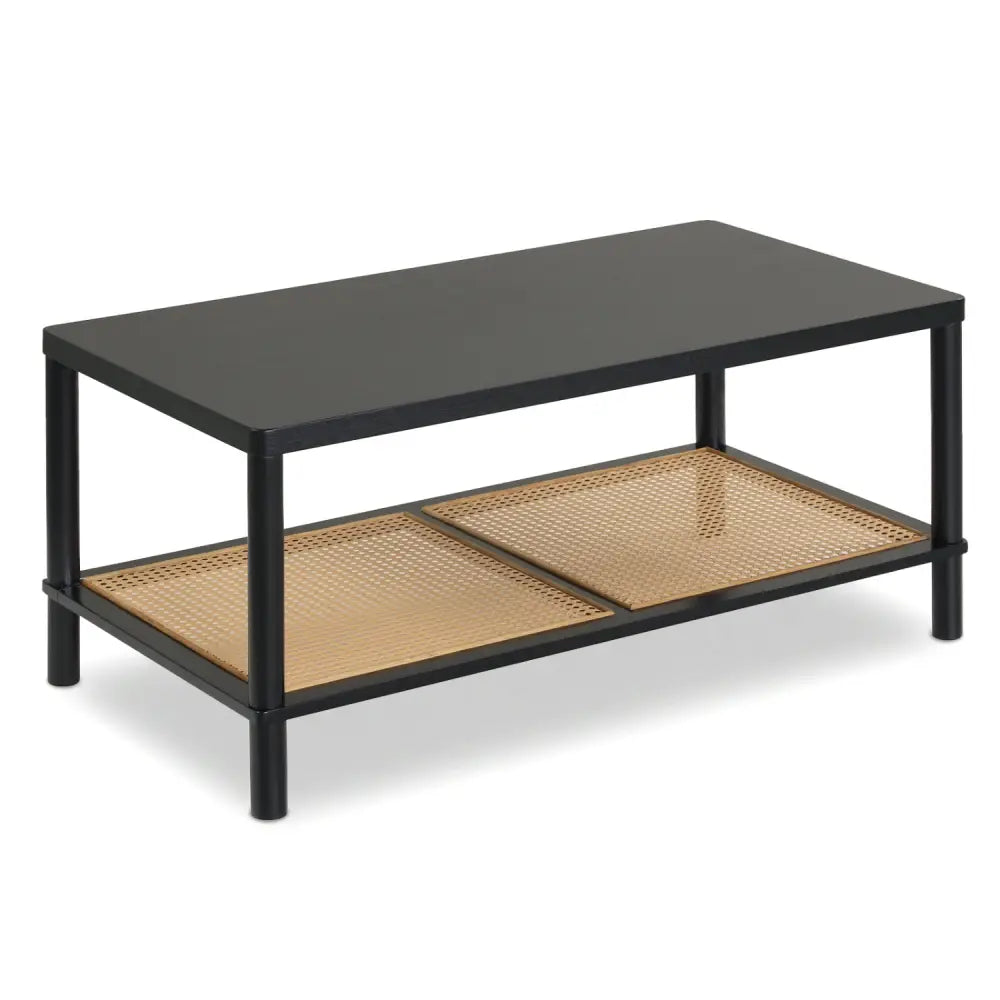 2-Tier Boho Coffee Table for Living Room Rectangular Center Table with Rubber Wood Frame and PVC Rattan Storage