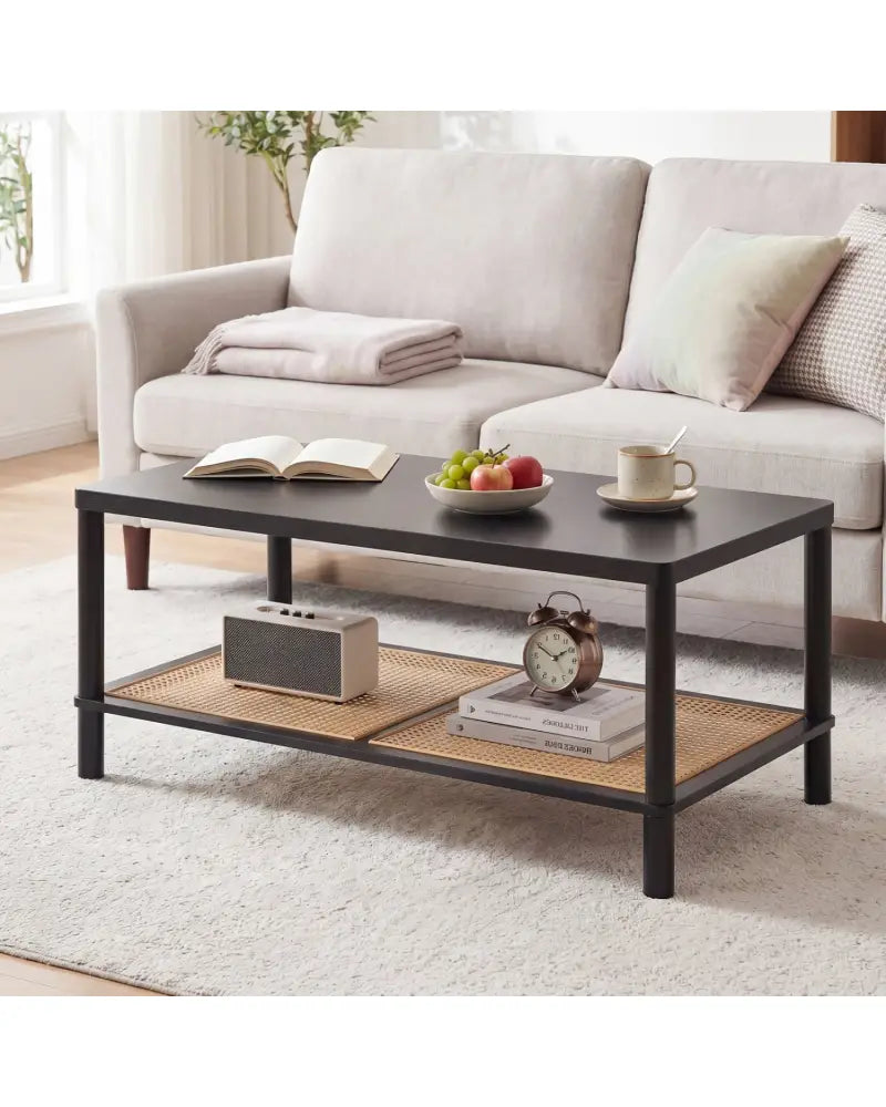 2-Tier Boho Coffee Table for Living Room Rectangular Center Table with Rubber Wood Frame and PVC Rattan Storage