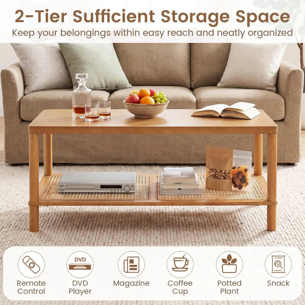 2-Tier Boho Coffee Table for Living Room Rectangular Center Table with Rubber Wood Frame and PVC Rattan Storage