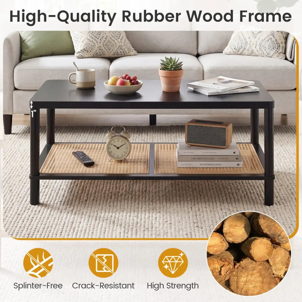 2-Tier Boho Coffee Table for Living Room Rectangular Center Table with Rubber Wood Frame and PVC Rattan Storage