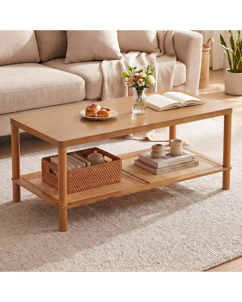 2-Tier Boho Coffee Table for Living Room Rectangular Center Table with Rubber Wood Frame and PVC Rattan Storage