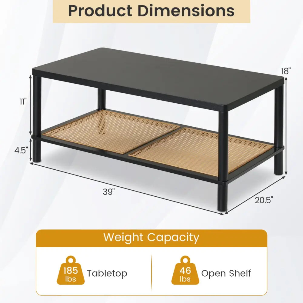 2-Tier Boho Coffee Table for Living Room Rectangular Center Table with Rubber Wood Frame and PVC Rattan Storage