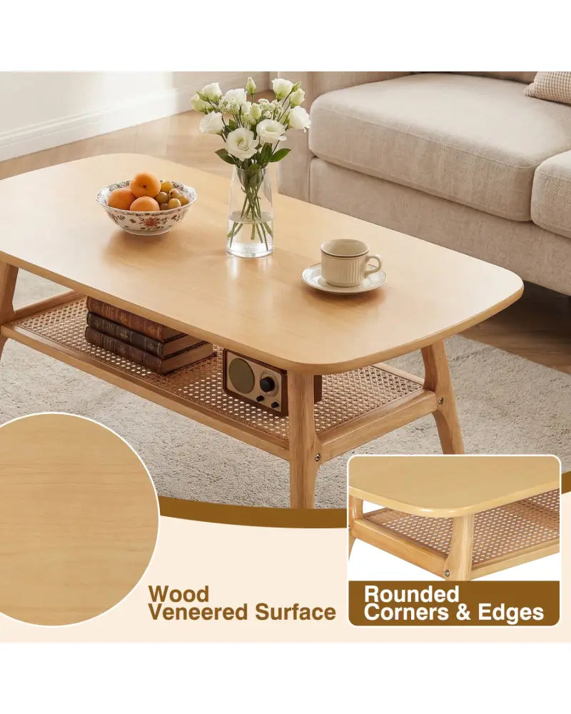 2-Tier Boho Rattan Coffee Table with Rounded Corners-Natural - Natural - Coffee Tables