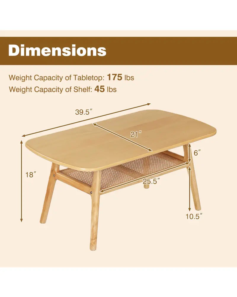 2-Tier Boho Rattan Coffee Table with Rounded Corners-Natural - Natural - Coffee Tables