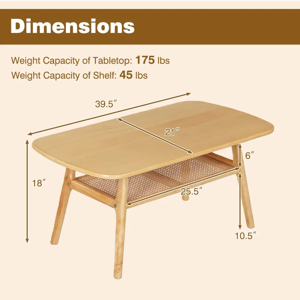 2-Tier Boho Rattan Coffee Table with Rounded Corners-Natural - Natural - Coffee Tables