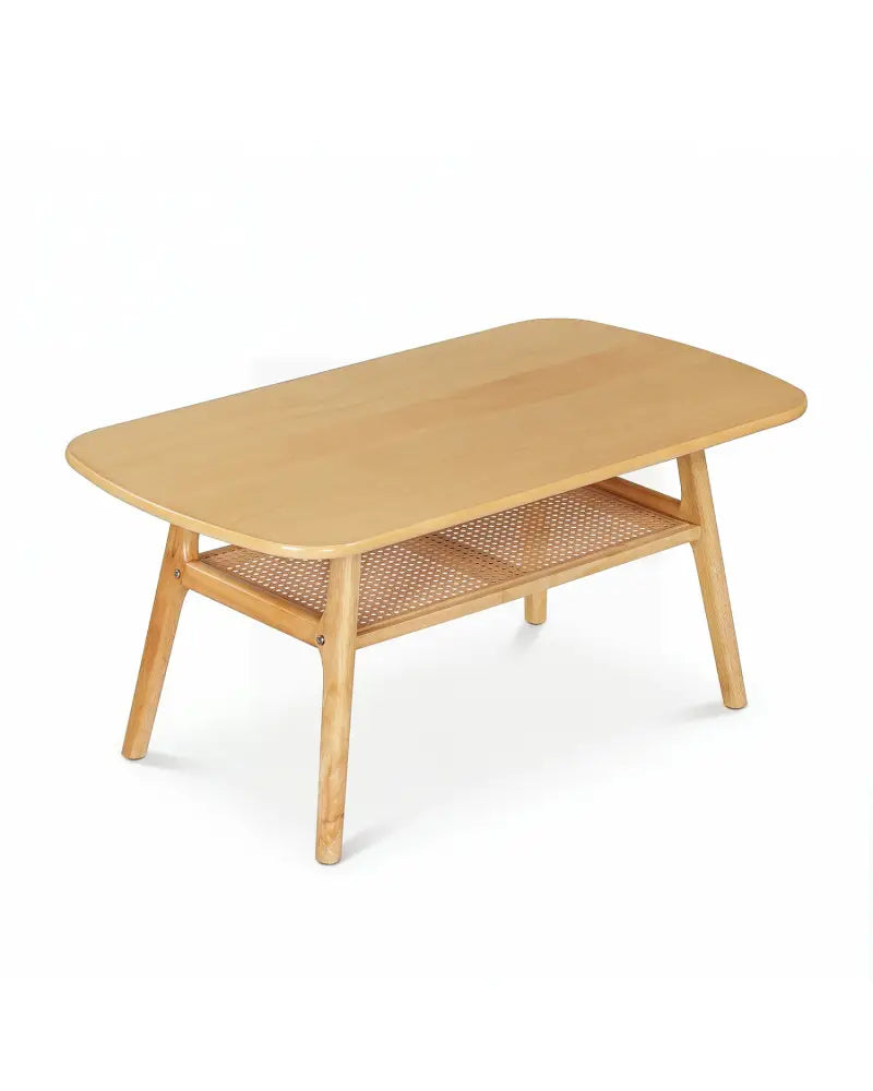 2-Tier Boho Rattan Coffee Table with Rounded Corners-Natural - Natural - Coffee Tables
