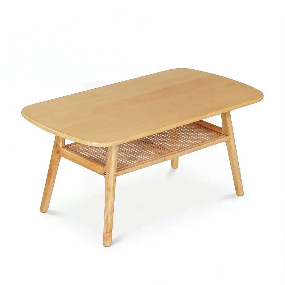 2-Tier Boho Rattan Coffee Table with Rounded Corners-Natural - Natural - Coffee Tables