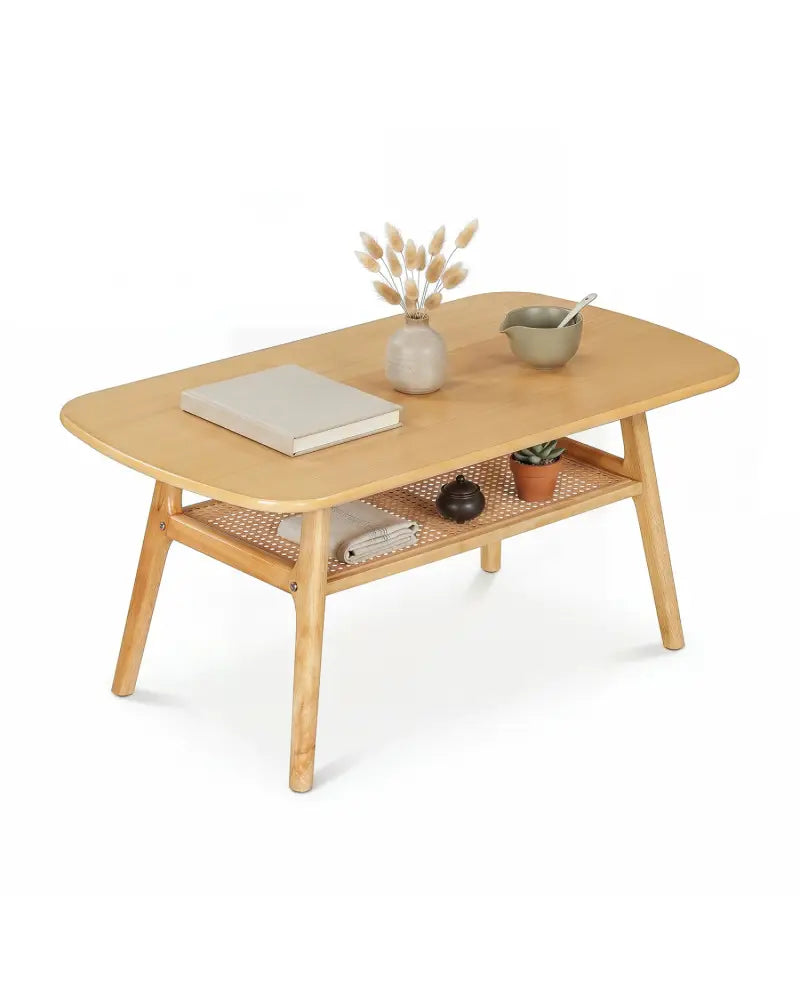 2-Tier Boho Rattan Coffee Table with Rounded Corners-Natural - Natural - Coffee Tables