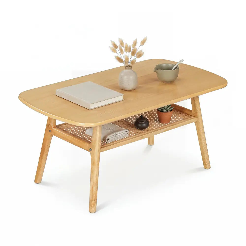 2-Tier Boho Rattan Coffee Table with Rounded Corners-Natural - Natural - Coffee Tables