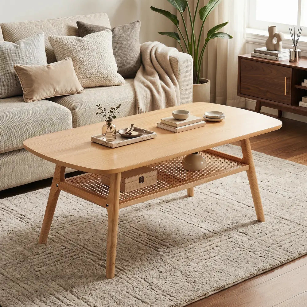 2-Tier Boho Rattan Coffee Table with Rounded Corners-Natural - Natural - Coffee Tables