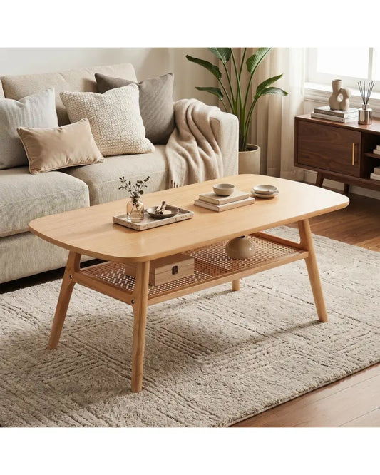 2-Tier Boho Rattan Coffee Table with Rounded Corners-Natural - Natural - Coffee Tables