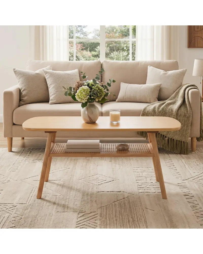 2-Tier Boho Rattan Coffee Table with Rounded Corners-Natural - Natural - Coffee Tables