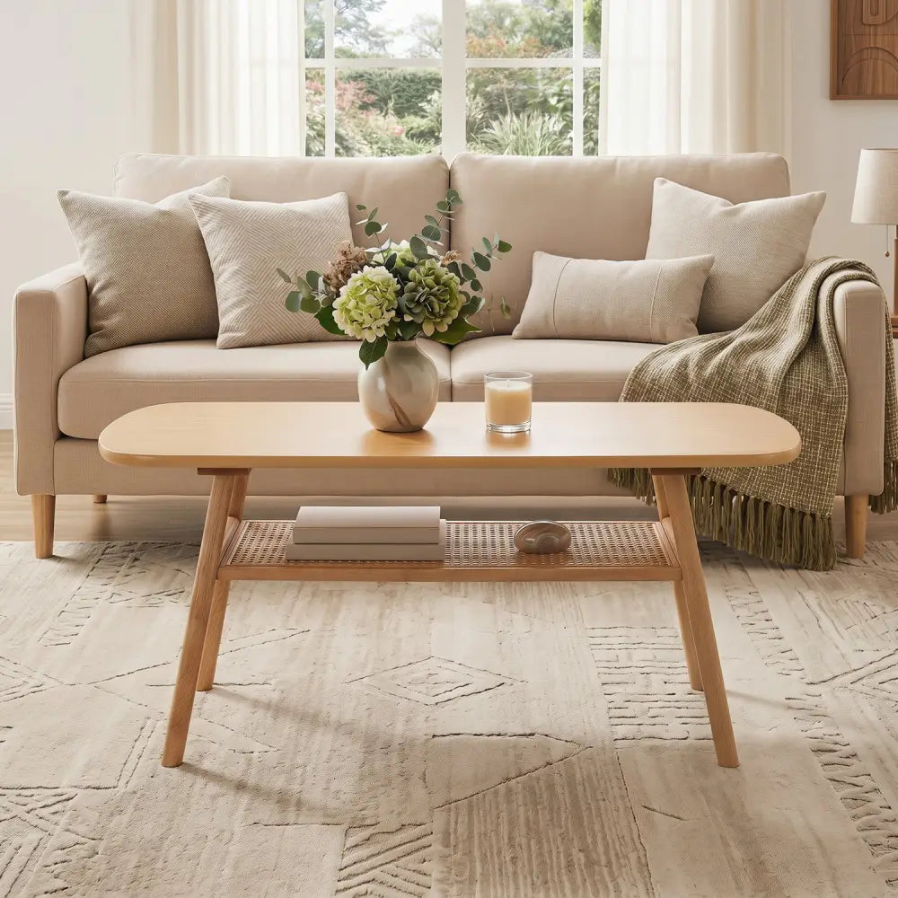 2-Tier Boho Rattan Coffee Table with Rounded Corners-Natural - Natural - Coffee Tables