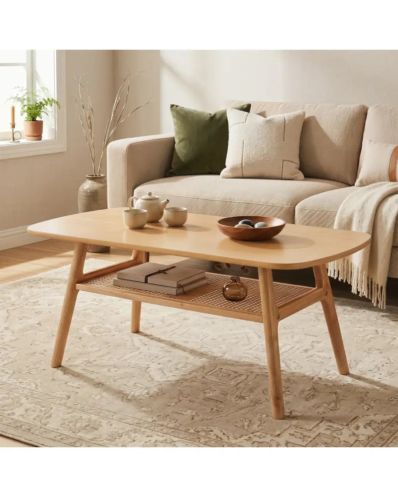 2-Tier Boho Rattan Coffee Table with Rounded Corners-Natural - Natural - Coffee Tables