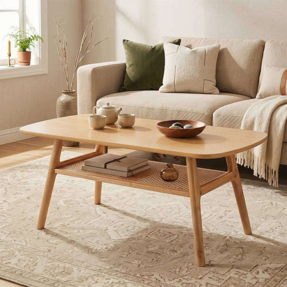 2-Tier Boho Rattan Coffee Table with Rounded Corners-Natural - Natural - Coffee Tables