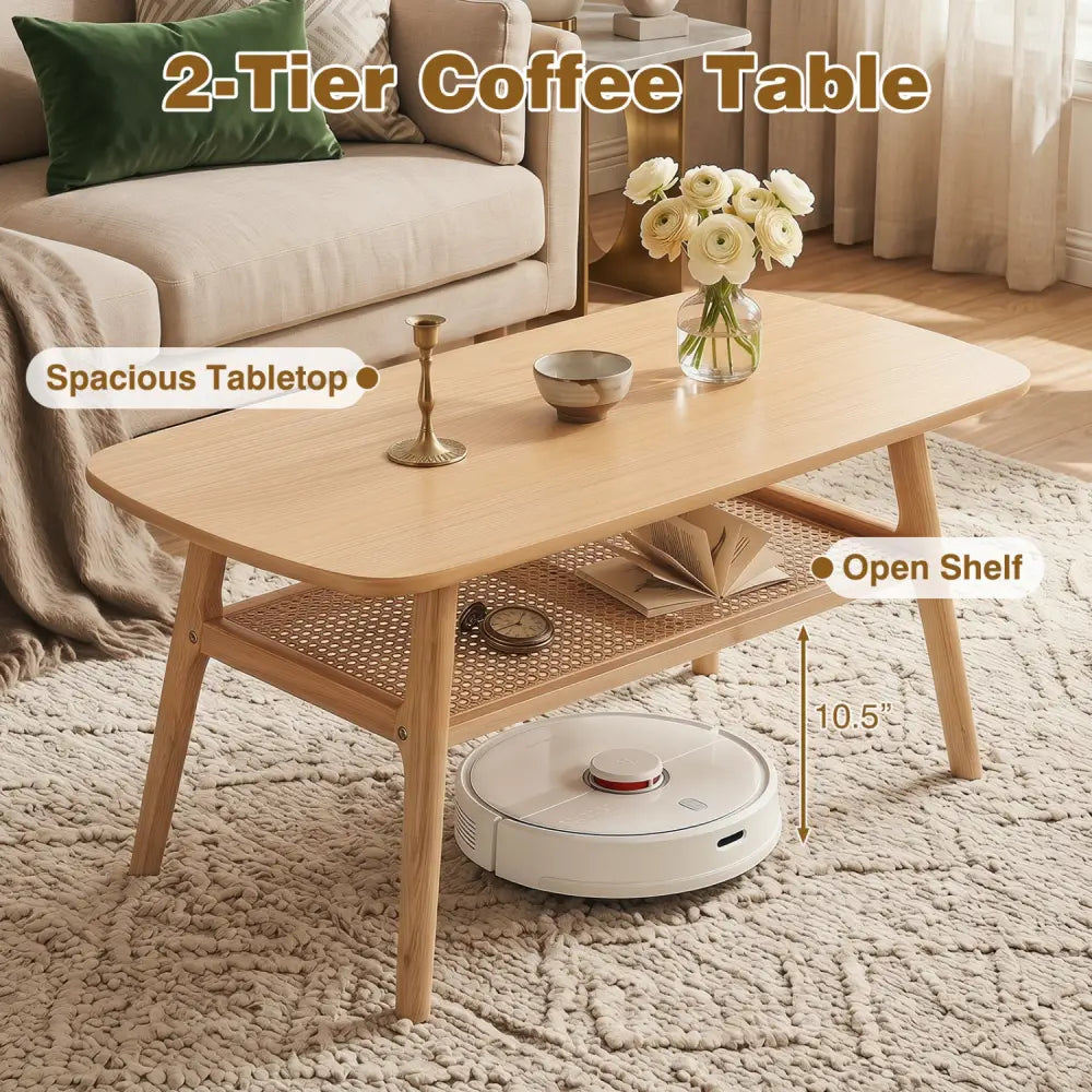 2-Tier Boho Rattan Coffee Table with Rounded Corners-Natural - Natural - Coffee Tables
