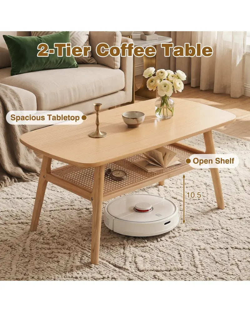 2-Tier Boho Rattan Coffee Table with Rounded Corners-Natural - Natural - Coffee Tables