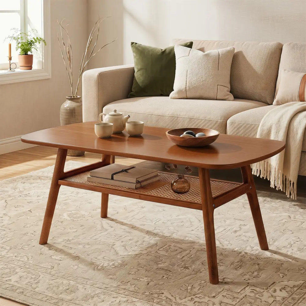 2-Tier Boho Rattan Coffee Table with Rounded Corners-Walnut - Walnut - Coffee Tables